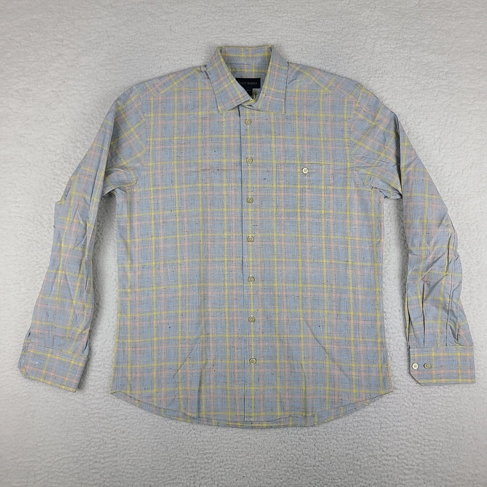 Scott Barber Shirt Mens Medium Gray Blue Yellow Check Dress Button Up‎